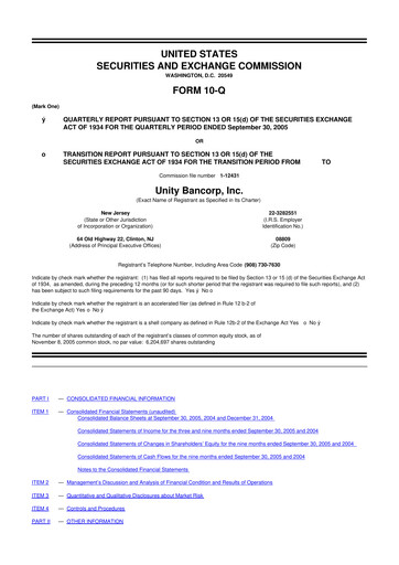 Miniature Unity Bancorp 10-Q Rapport trimestriel  