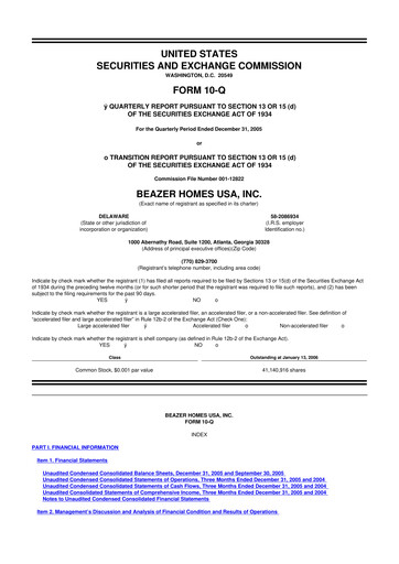 Thumbnail Beazer Homes USA
 10-Q Quarterly Report FY 