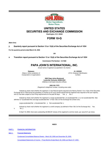 Thumbnail Papa John's Pizza
 10-Q Quarterly Report FY 