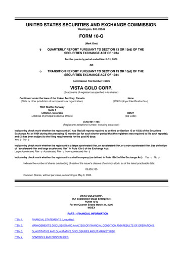 Miniature Vista Gold
 10-Q Rapport trimestriel  