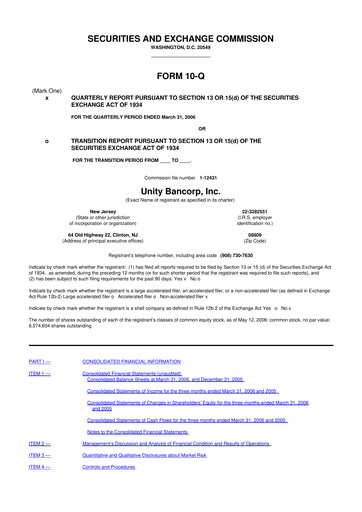 Miniature Unity Bancorp 10-Q Rapport trimestriel  