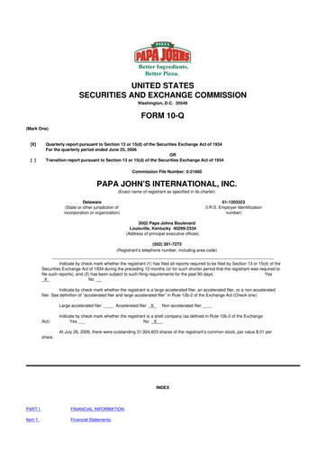 Thumbnail Papa John's Pizza
 10-Q Quarterly Report FY 