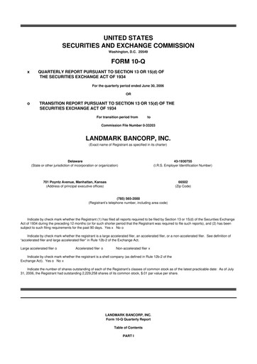Miniature Landmark Bancorp 10-Q Rapport trimestriel  