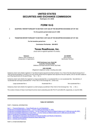 Thumbnail Texas Roadhouse
 10-Q Quarterly Report FY 