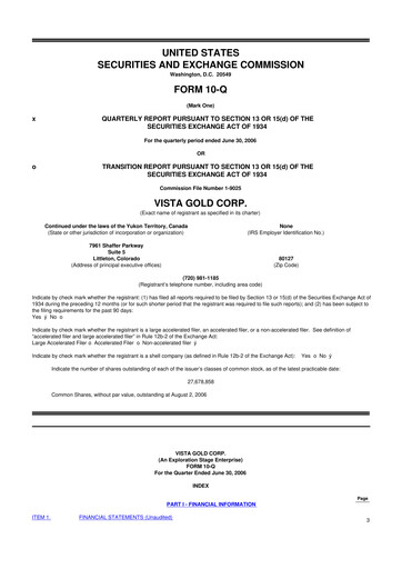 Miniature Vista Gold
 10-Q Rapport trimestriel  