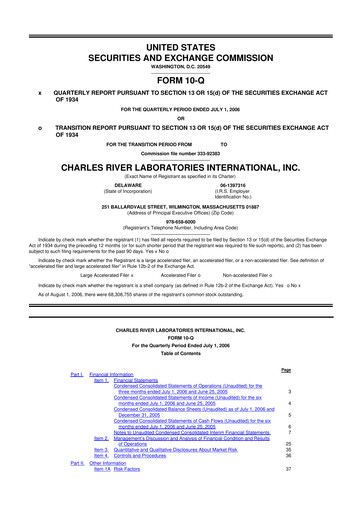 Miniature Charles River Laboratories
 10-Q Rapport trimestriel  