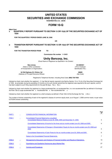 Miniature Unity Bancorp 10-Q Rapport trimestriel  