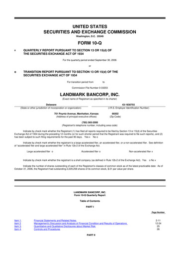 Miniature Landmark Bancorp 10-Q Rapport trimestriel  