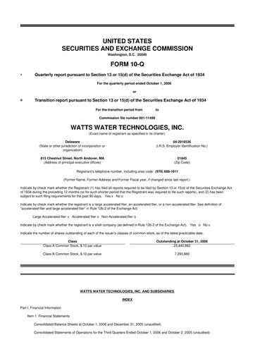 Miniature Watts Water Technologies
 10-Q Rapport trimestriel  