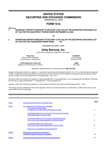 Miniature Unity Bancorp 10-Q Rapport trimestriel  