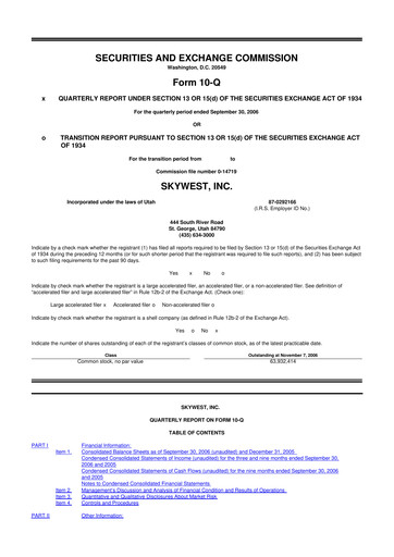 Thumbnail SkyWest 10-Q Quarterly Report FY 