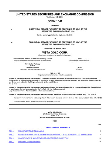 Miniature Vista Gold
 10-Q Rapport trimestriel  