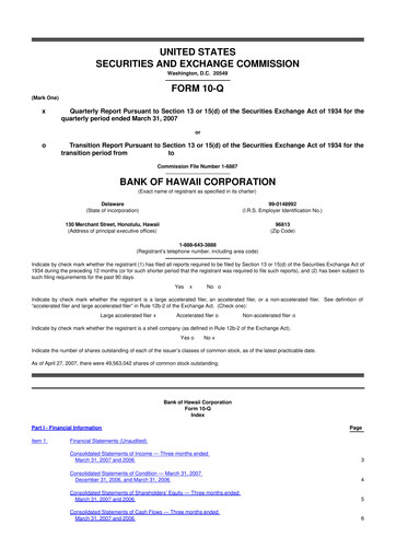 Thumbnail Bank of Hawaii
 10-Q Quarterly Report FY 