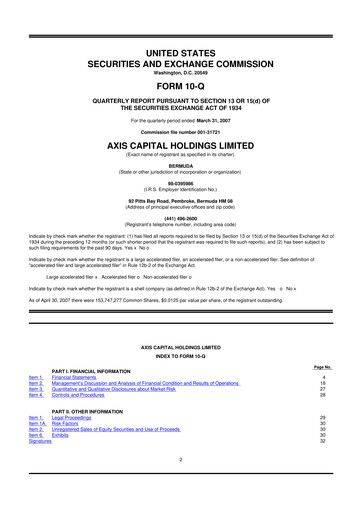 Miniature AXIS Capital
 10-Q Rapport trimestriel  