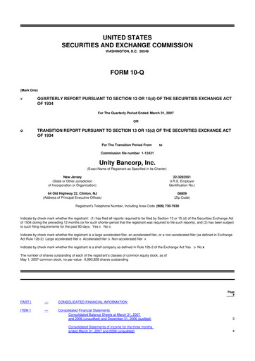 Miniature Unity Bancorp 10-Q Rapport trimestriel  