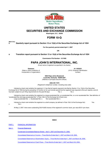 Thumbnail Papa John's Pizza
 10-Q Quarterly Report FY 