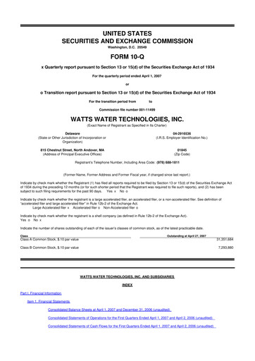 Miniature Watts Water Technologies
 10-Q Rapport trimestriel  