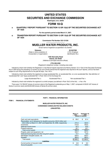 Thumbnail Mueller Water Products
 10-Q Quarterly Report FY 