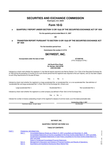 Thumbnail SkyWest 10-Q Quarterly Report FY 