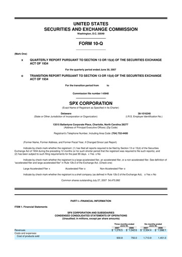 Miniature SPX Technologies 10-Q Rapport trimestriel  