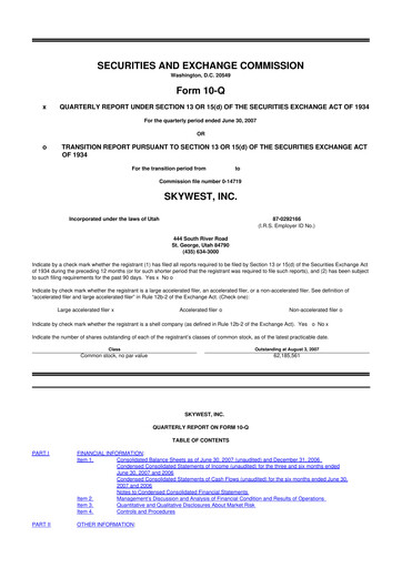 Thumbnail SkyWest 10-Q Quarterly Report FY 