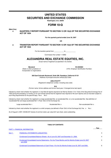 Thumbnail Alexandria Real Estate Equities
 10-Q Quarterly Report FY 