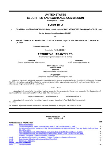 Miniature Assured Guaranty 10-Q Rapport trimestriel  