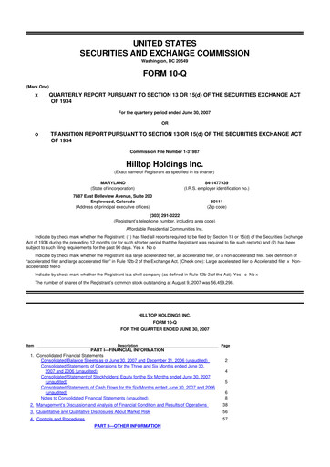 Miniature Hilltop Holdings 10-Q Rapport trimestriel  