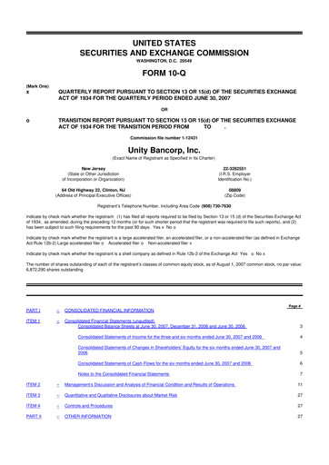 Miniature Unity Bancorp 10-Q Rapport trimestriel  