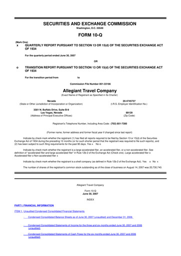 Thumbnail Allegiant Travel Company 10-Q Quarterly Report FY 