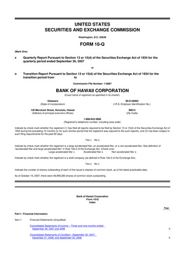 Thumbnail Bank of Hawaii
 10-Q Quarterly Report FY 
