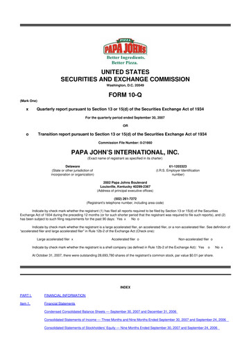 Thumbnail Papa John's Pizza
 10-Q Quarterly Report FY 