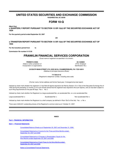 Thumbnail Franklin Financial Services Corporation 10-Q Quarterly Report FY 