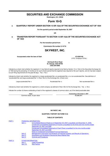 Thumbnail SkyWest 10-Q Quarterly Report FY 