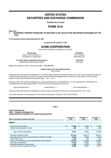 Thumbnail ACNB Corporation
 10-Q Quarterly Report FY 