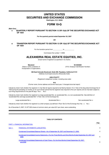 Thumbnail Alexandria Real Estate Equities
 10-Q Quarterly Report FY 