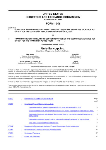 Miniature Unity Bancorp 10-Q Rapport trimestriel  