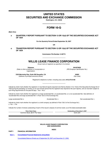 Thumbnail Willis Lease Finance Corporation 10-Q Quarterly Report FY 