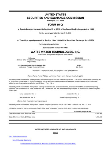 Miniature Watts Water Technologies
 10-Q Rapport trimestriel  