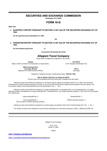 Thumbnail Allegiant Travel Company 10-Q Quarterly Report FY 