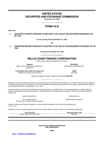 Thumbnail Willis Lease Finance Corporation 10-Q Quarterly Report FY 