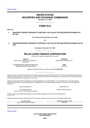 Thumbnail Willis Lease Finance Corporation 10-Q Quarterly Report FY 