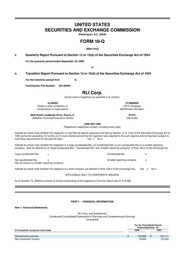 Thumbnail RLI Corp.
 10-Q Quarterly Report FY 