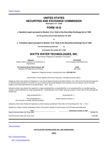 Miniature Watts Water Technologies
 10-Q Rapport trimestriel  