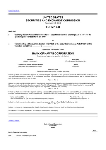 Thumbnail Bank of Hawaii
 10-Q Quarterly Report FY 
