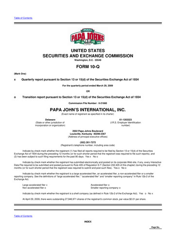 Thumbnail Papa John's Pizza
 10-Q Quarterly Report FY 