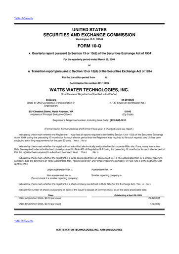 Miniature Watts Water Technologies
 10-Q Rapport trimestriel  