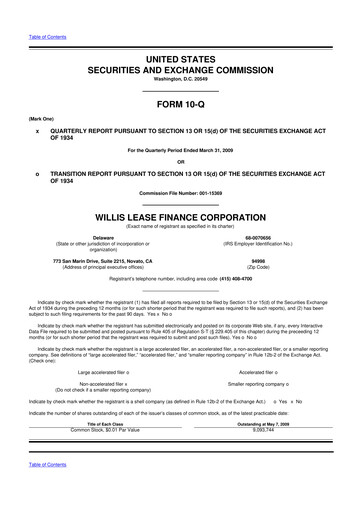 Thumbnail Willis Lease Finance Corporation 10-Q Quarterly Report FY 