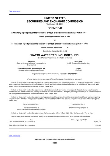 Miniature Watts Water Technologies
 10-Q Rapport trimestriel  