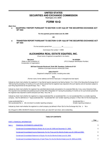 Thumbnail Alexandria Real Estate Equities
 10-Q Quarterly Report FY 